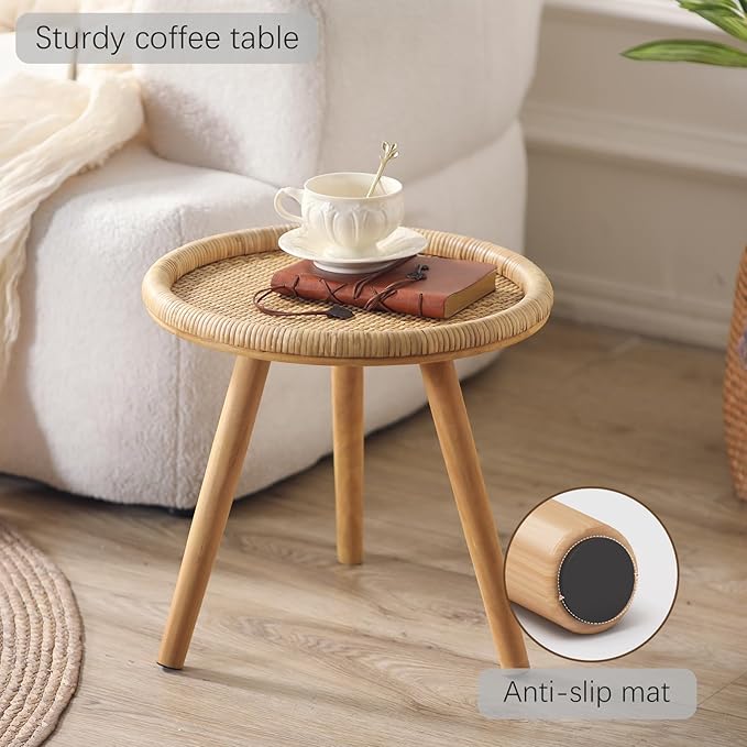 Rattan Round Coffee Table, Boho Circle Side Table End Table for Living Room, Small Mid Century Accent Table for Bedroom Balcony