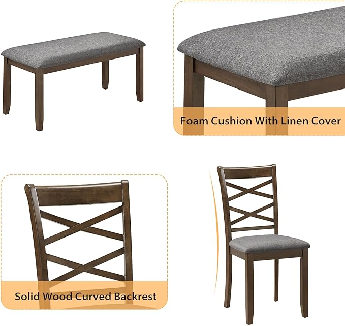 6-Piece Solid Wood Dining Table Set, Includes 1 Dining Table, 4 Upholstered Chairs and 1 Bench, Wooden Legs Dining Table Set for Dining Room, Kitchen, Restaurant, Walnut