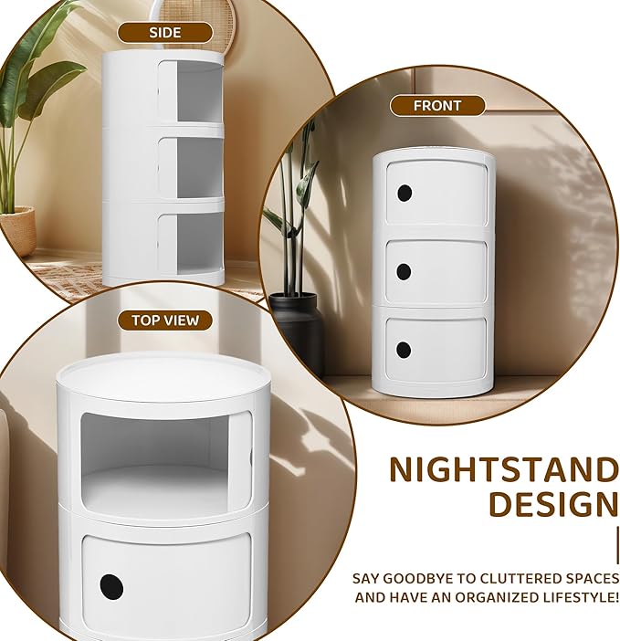 3 Tier Round with Storage, Modern Style Side Table, Multifunctional End Table Storage Cabinet for Living Room, Bedroom, Bathroom (White)
