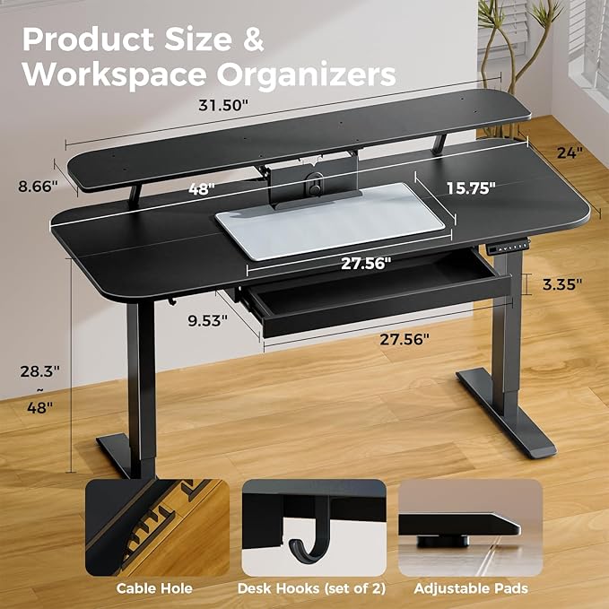 COMHOMA Electric Standing Desk with Drawers, 48 x 24'' Sit Stand up Desk with Monitor Stand, Laptop Stand, Height Adjustable Ergonomic Home Office Computer Desk with Memory Preset Controller (Black)
