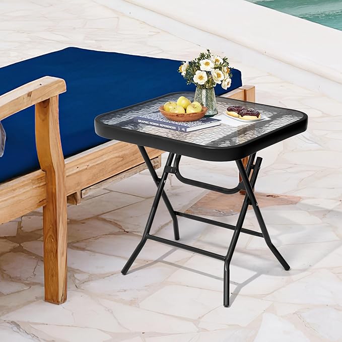 Foldable Outdoor Side Table with Tempered Glass Top Square 18" Folding Patio Side Table Small Glass End Tables for Patio Porch Yard Balcony Deck Lawn Dining Garden (Black)