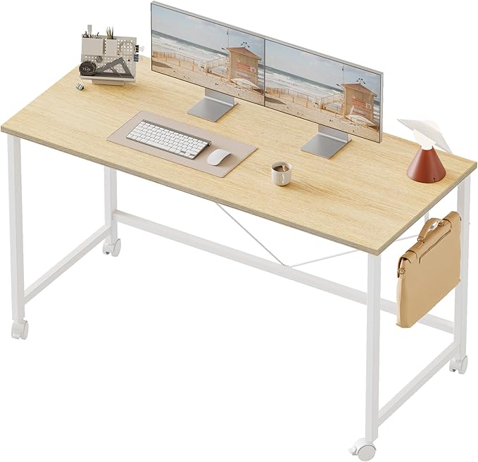 Rolling Computer Desk with Wheels, Gaming Desk for Small Spaces, Modern Simple Style Table for Home Office, Study Writing Table (Caster, Oak, 48 inch)