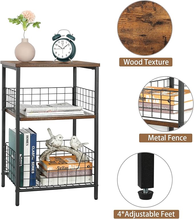 X-cosrack Side Table, Small End Table Record Player Stand with Storage, Vinyl Record Storage Night Stand for Living Room, Bedroom,Office(Patent Pending)(Rustic Brown & Black)