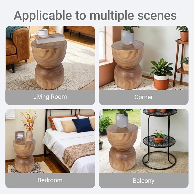 Small Wooden Side Table, 15.75" H Hand Carved Rustic Tree Stump End Table, Natural Paulownia Wood Compact Round Coffee Table, Mini Indoor Outdoor Wood Stool for Living Room, Bedroom, Patio, Garden