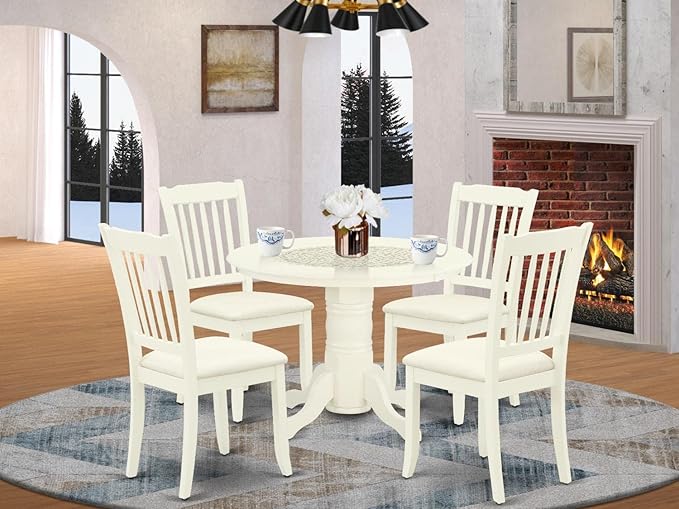 East West Furniture SHDA5-WHI-C 5 Piece Modern Dining Table Set Includes a Round Kitchen Table with Pedestal and 4 Linen Fabric Kitchen Dining Chairs, 42x42 Inch, Linen White