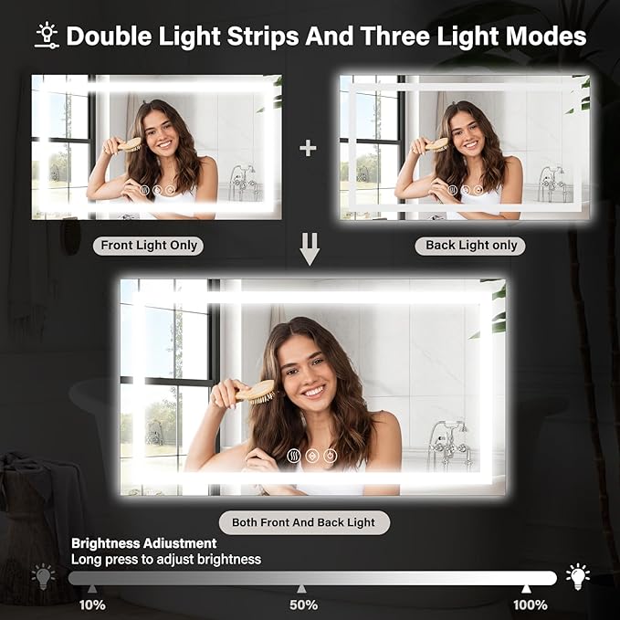 40"x 60"LED Bathroom Mirror, Backlit + Front Lit, LED Bathroom Mirror with Lights for Wall, 3 Colors, Anti-Fog, Dimmable Brightness, Memory Function, Tempered Glass
