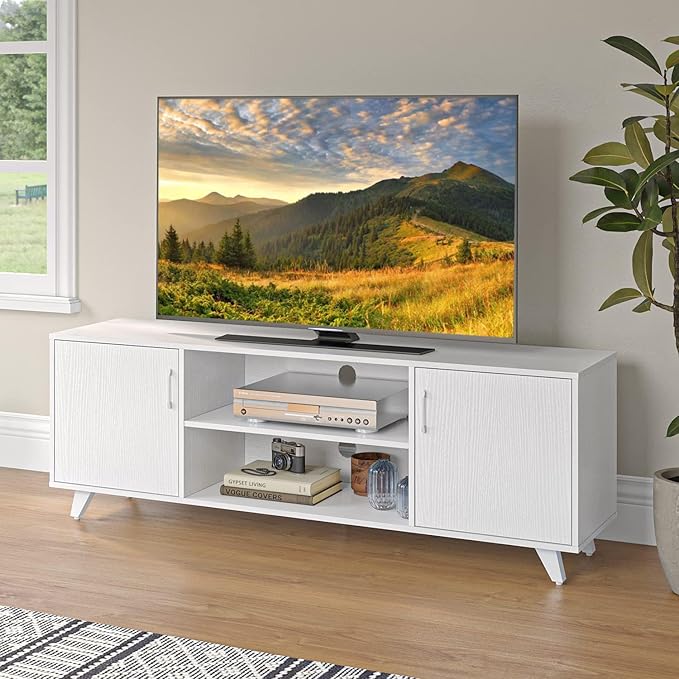 Panana TV Stand for TV up to 50 Inches, 2 Doors Entertainment Center with Open Shelves Storage, TV Console Unit for Living Room Bedroom (White)
