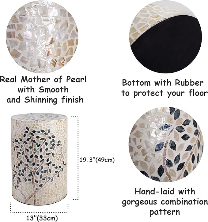 PEMAR Mother of Pearl Cylinder Drum End Table Nacre Side Stool Round Accent Table Coffee Bedside Nightstand and Vanity Stool (Olive Tree)