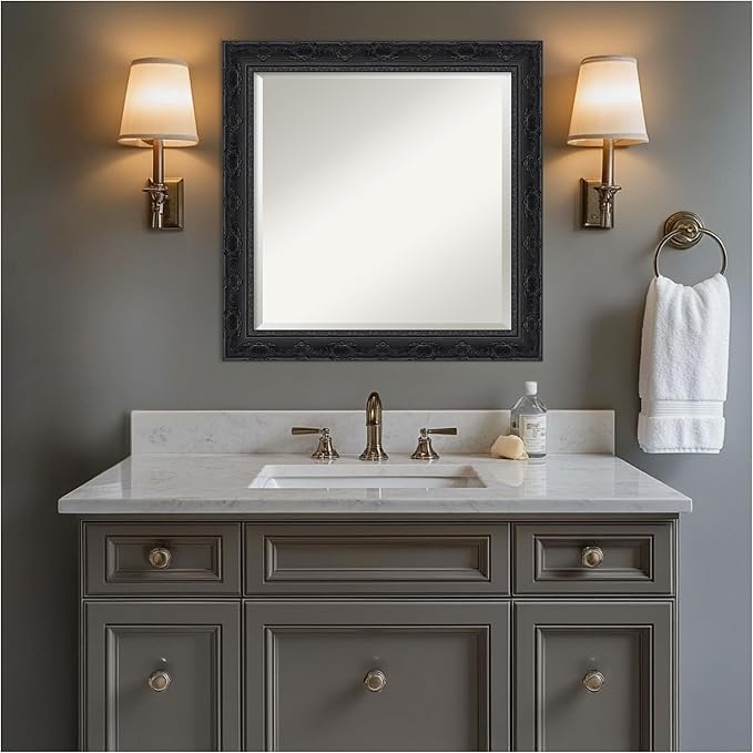 Amanti Art Bathroom Mirror for Over Sink, 25x25 Filigree Gloss Black Square Vanity Mirror, Medium Traditional Frame, Hangs Horizonally and Vertically, Bathroom Wall Decor, Beveled Edge