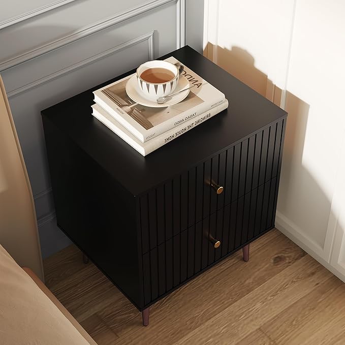 Black Night Stand Set 2,Modern Bedside Table with 2 Drawers Storage,Fluted Nightstand and Wood End Side Table with Rose Gold Metal Legs and Handles for Bedroom,Black