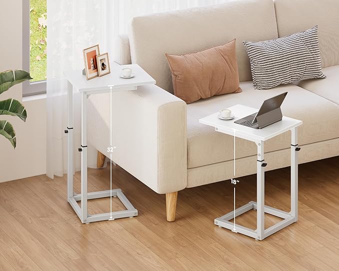 Vagusicc C Shaped End Table, 33" Tall Couch Table Adjustable Height Side Table, Sofa Table That Slide Under, C Table End Table TV Tray Coffee Arm Table for Living Room, Bedroom, Small Spaces, White