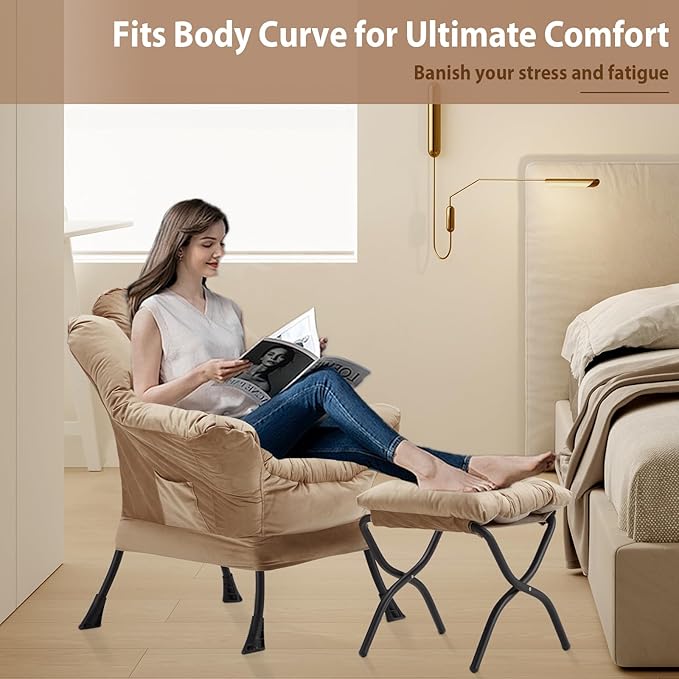 Lazy Chair with Folding Ottoman, Accent Chair Velvet Upholstered with Metal Structure and Non-Slip Pads, Sofa Armchair with Footrest and Side Storage Bag for Dorm, Room, Office, Khaki