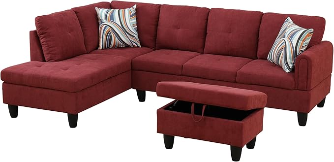 L Shaped Sectional Couch with Otttoman, 97" Sectional Sofa for Living Room Flannel Modular Couches with Cup Holders for Bedroom, Apartments, Red