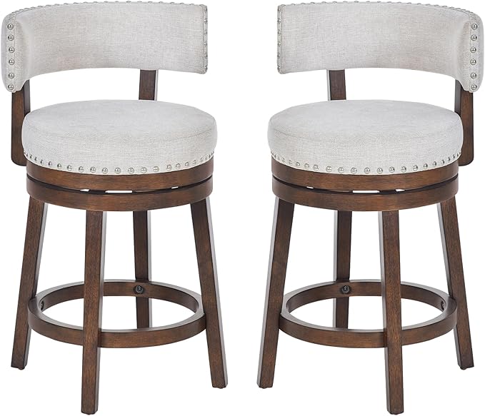 COLAMY Swivel Bar Stool Set of 2, Modern Swivel Barstool with Back, Counter Height Bar Stools, 25 Inch Upholstered Wood Barstool for Kitchen Island Dining Room Bar, Beige