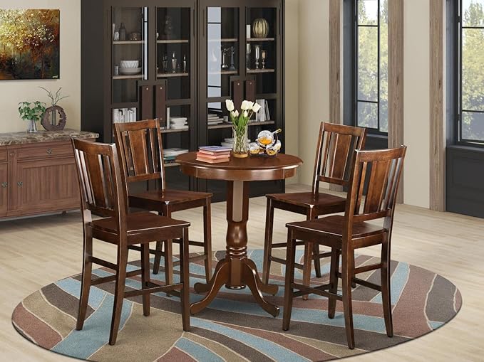 East West Furniture EDBU5-MAH-W 5 Piece Kitchen Counter Set Includes a Round Dining Table with Pedestal and 4 Dining Room Chairs, 30x30 Inch, Mahogany