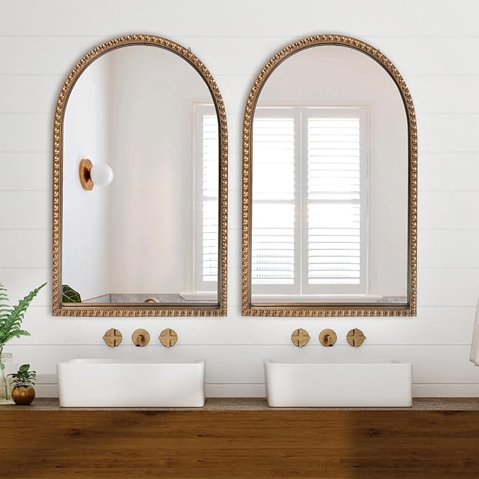 Traditional Wall Mirror Vintage Gold, 24" x 40" Tall Narrow Arch Antique Beaded Frame Decorative Accent Vanity Wall Decor, Arched Vertical Mirrors for Bathroom, Living Room, Entryway