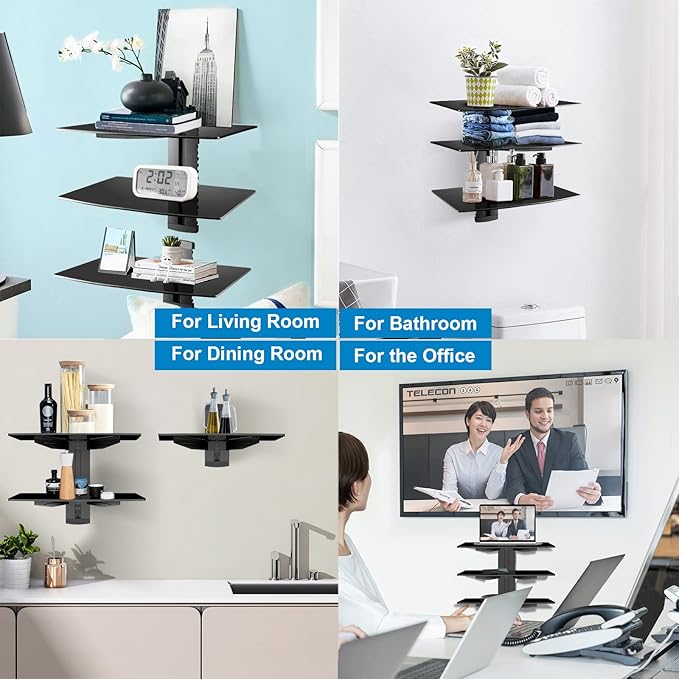suptek 3 Floating Shelf Wall Bracket with Strengthened Tempered Glass for DVD Players/Cable Boxes/Games Consoles/TV Accessories, 3 Shelves, Black, CS303