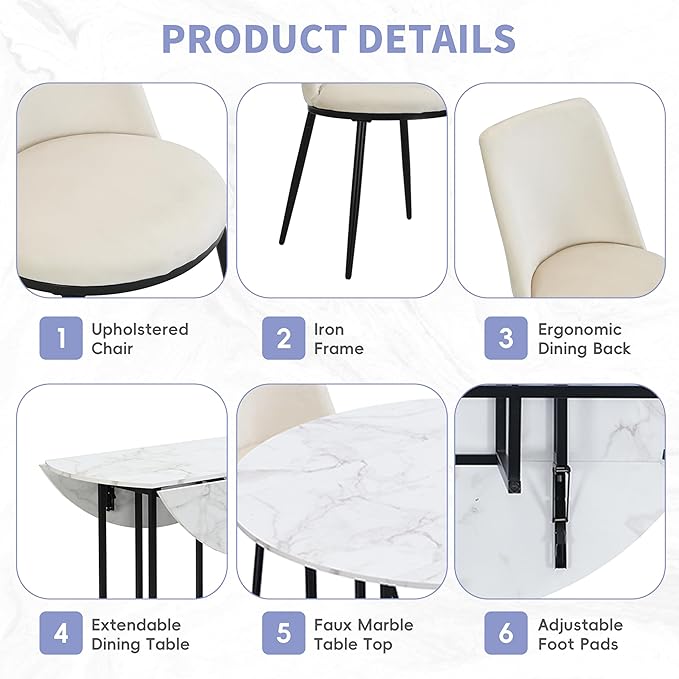 Merax 47.2” Round Dining Table Set for 4, Foldable Kitchen Dining Table with 11.8” Drop Leaves, Faux Marble Top with Golden Frame, 4 Upholstered Chairs (White+Beige)