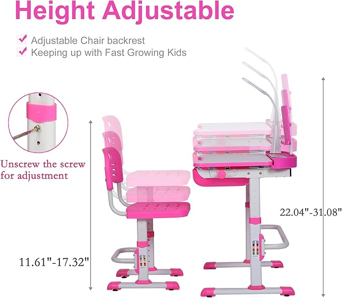 Kids Desk and Chair Set, Height Adjustable Child's School Study Writing Tables with Tilt Desktop, LED Light, Storage Drawer, Book Stand (Pink)