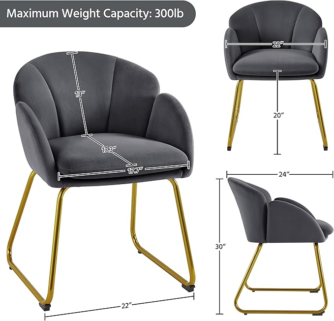 Yaheetech Flower Shape Velvet Armchair, Modern Side Chair Vanity Chair with Golden Metal Legs for Living Room/Dressing Room/Bedroom/Home Office/Kitchen, Dark Gray