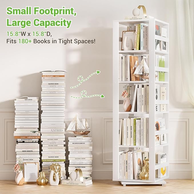 Homykic Rotating Bookshelf, Bamboo 360 Display Spinning Bookshelf Tower, 5-Tier Small Corner Bookcase for Small Spaces, Narrow Revolving Book Shelf Organizer Rack for Home Office, White