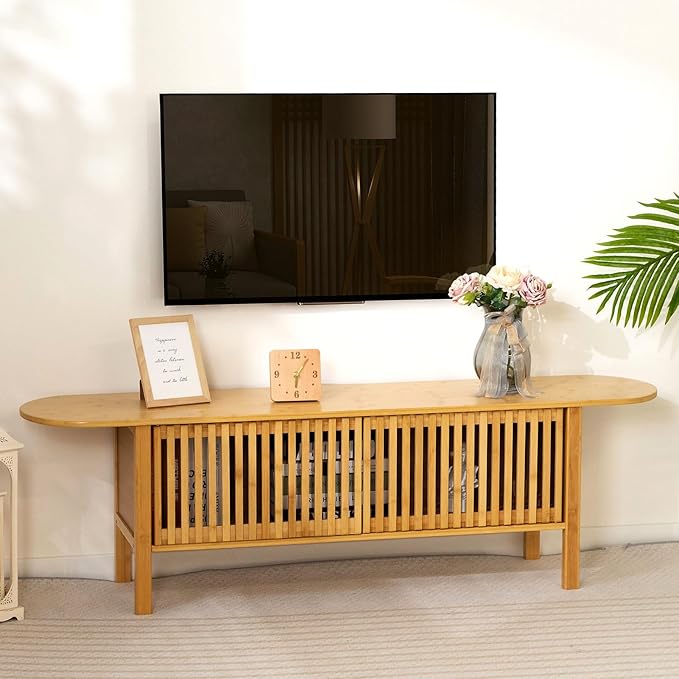 HollyHOME Bamboo TV Stand with Storage for TVs up to 65", Modern Entertainment Center with Fence Door, Accent TV Table with 2 Shelf, Media Console TV Stand for Living Room, Bedroom, Burlywood