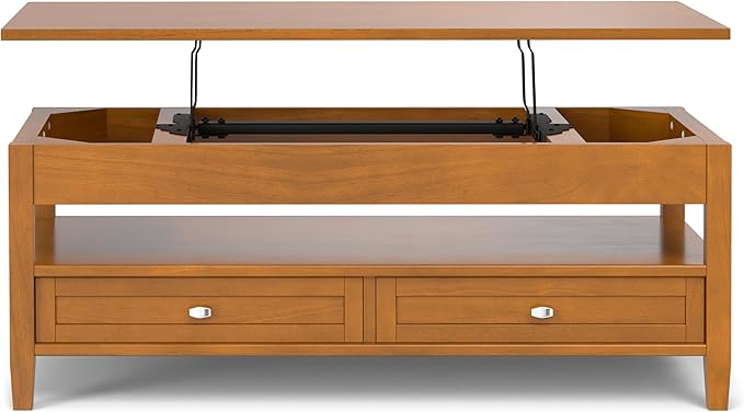 SIMPLIHOME Warm Shaker Lift Top Coffee Table - 48 inch Wide Solid Wood Cocktail Table in Light Golden Brown, Transitional Living Room Table with Hidden Storage, 2 Drawers, and Open Shelf