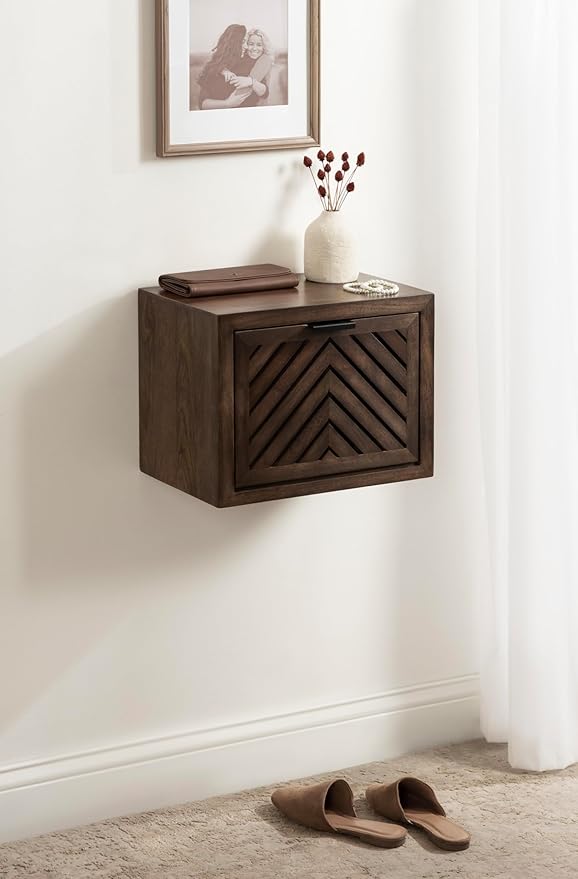 Kate and Laurel Mezzeta Modern Floating Shelf Side Table with Storage Cubby; 16 x 10 x 12; Natural Wood; Decorative Slatted Wood Floating Nightstand with Pull Down Door for Use as Bathroom Storage