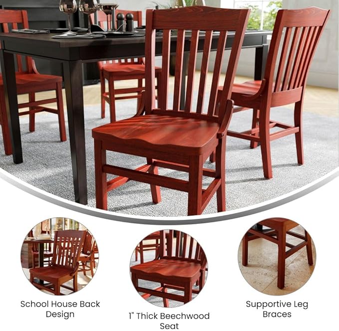Flash Furniture Hercules Series School House Back Wood Restaurant Chair, Classic Armless Dining Chair for Restaurants/Kitchens, Mahogany Wood Finish