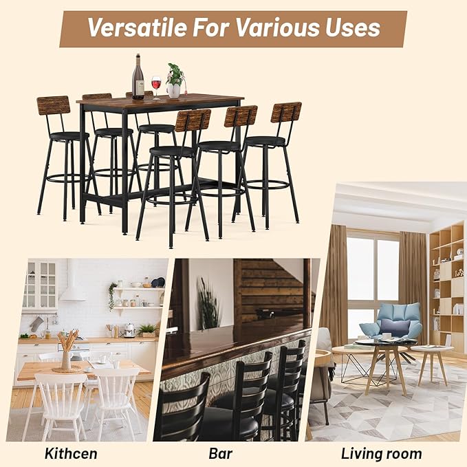 Dining Table Set for 6, 7-Piece Bar Table Set, Kitchen Table and Chairs, Counter Height High Top Table with 6 PU Upholstered Stools, Space-Saving Pub Tables Set for Small Space, Brown