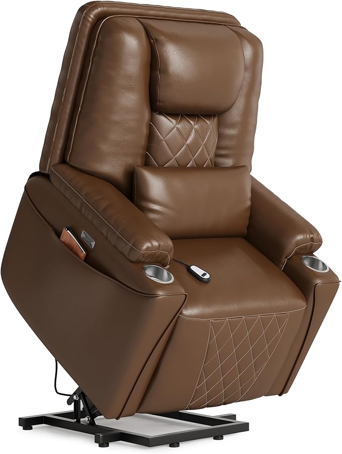 IDEALHOUSE Electric Power Lift Recliner Chair Sofa, Power Lift Chairs for Elderly, 3 Positions, Side Pockets, and Cup Holders, USB Ports, Recliner Chair with Remote for Living Room, Brown