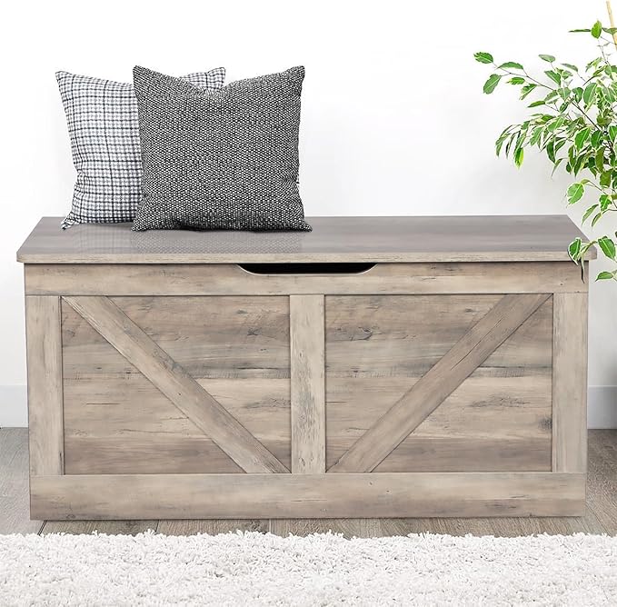 39.4" Storage Chest, Wooden Storage Bench, Large Storage Trunk with 2 Safety Hinges, Entryway Shoes Bench for Living Room, Bedroom, Grey