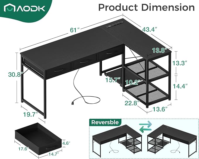 AODK 61 Inch L Shaped Computer Desk with Drawers, Corner Desk with Power Outlets & Reversible Storage Shelves, Movable CPU Stand for Home Office Gaming, Black