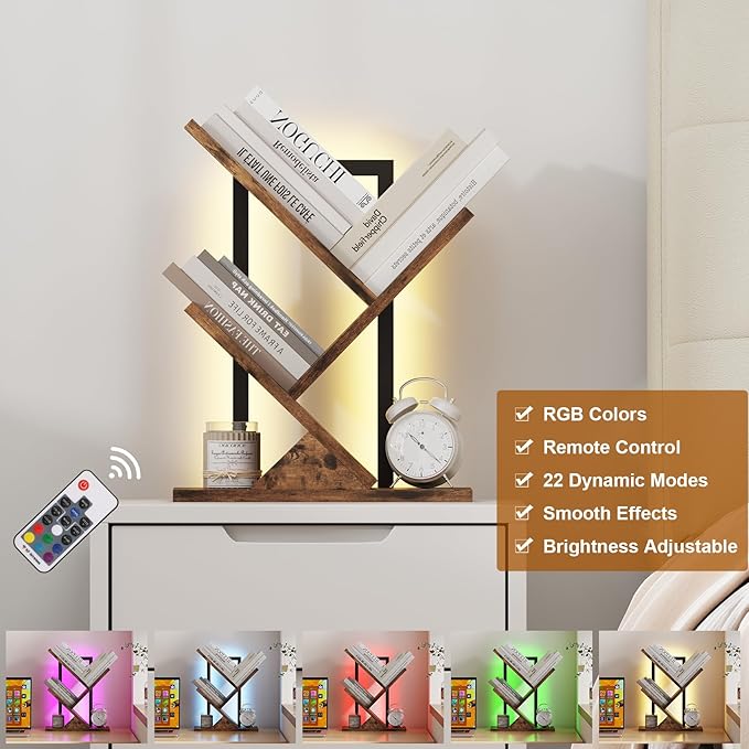 Tree Bookshelf with LED Lights, 3 Tier Floor Standing Bookcase, Classical Corner Shelf Kids Bookshelf, Tall Wood Book Storage for Bedroom, Living Room, Home Office, Brown