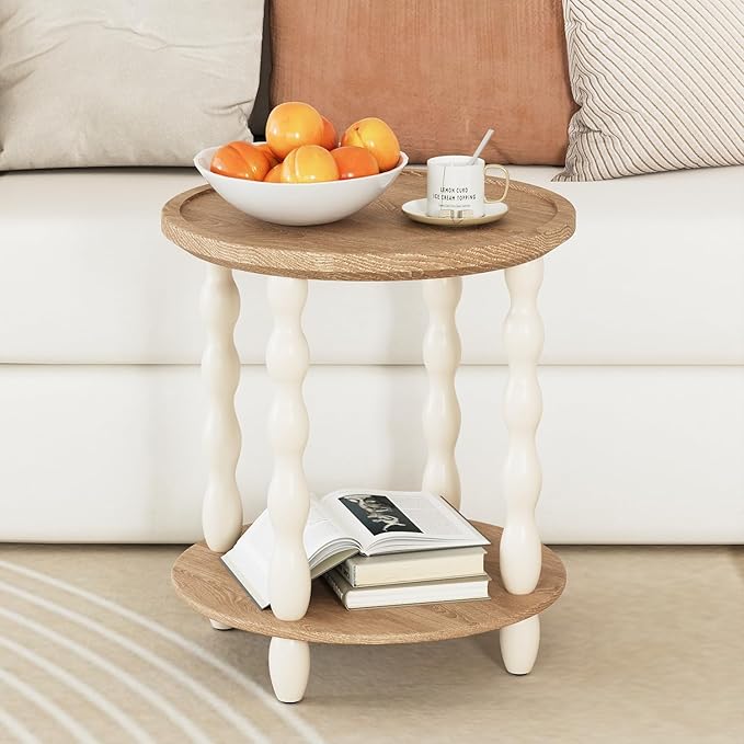 Round End Table, 2-Tier Farmhouse End Table, 18.5'' Handcrafted Weathered Look Wooden Nightstand Accent Table, Pine Leg, Small Side Tables for Living Room, Small Space, Bedroom, Boho, Easy Assembly