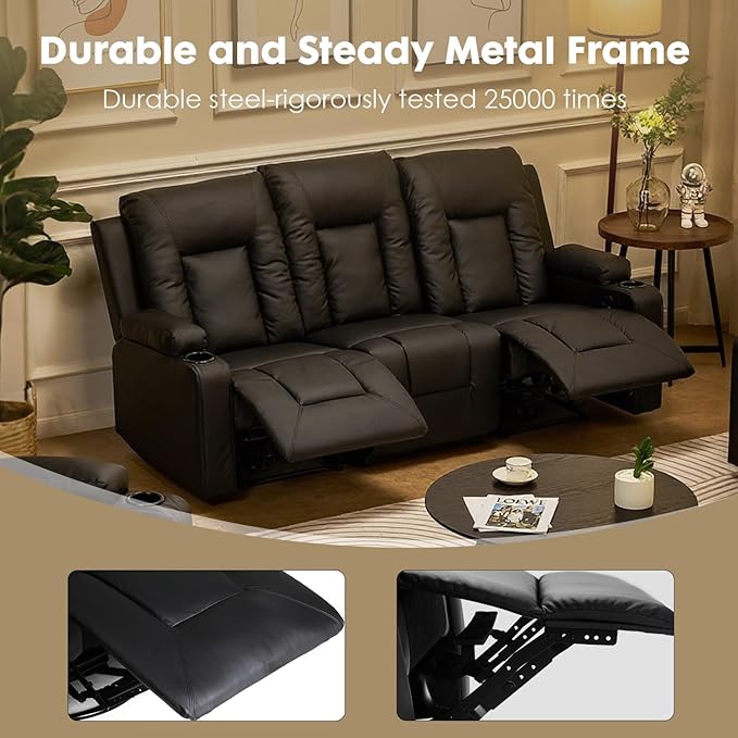 LUCKLIFE Leather Recliner Sofa Set with Manual Recliners,Living Room Furniture Set with Reclining Couch,Loveseat and Armchair,Living Room Chair with Cup Holders,Black (3+2)