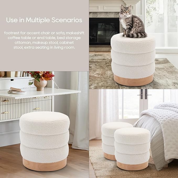 COLAMY Sherpa Ottoman Footstool, Tufted Modern Foot Rest Stool with Wood Base for Living Room, Bedroom, Desk, Round Versatile Side End Table, Pouf, Makeup Seat, Cream
