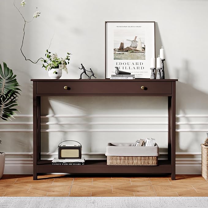 Treocho Black Console Table with Drawer and Storage Shelves, Foyer Sofa Table Narrow for Entryway, Living Room, Hallway