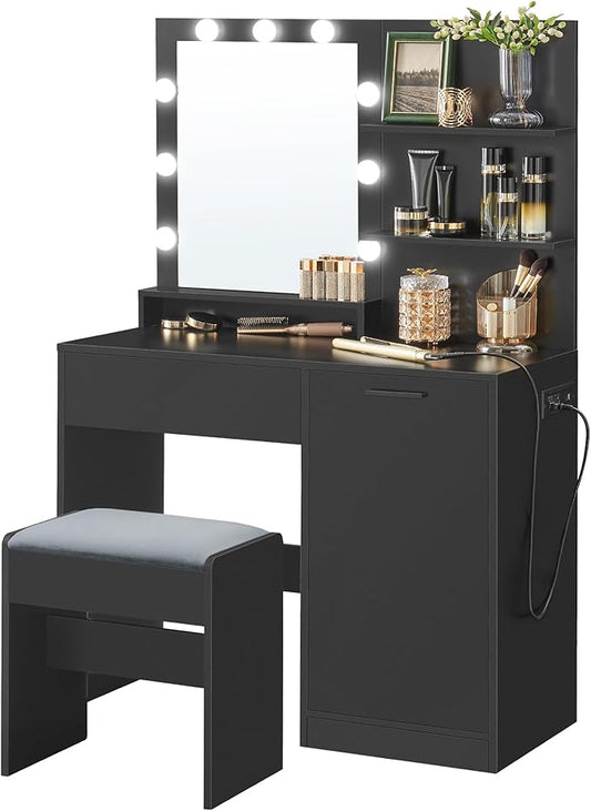 VASAGLE Vanity Desk with Mirror and Lights, 35.4-Inch Wide Makeup Vanity with Upholstered Vanity Stool, Power Outlets, Dimmable LED Lights, Storage Drawer, for Bedroom, Ink Black URDT128B01