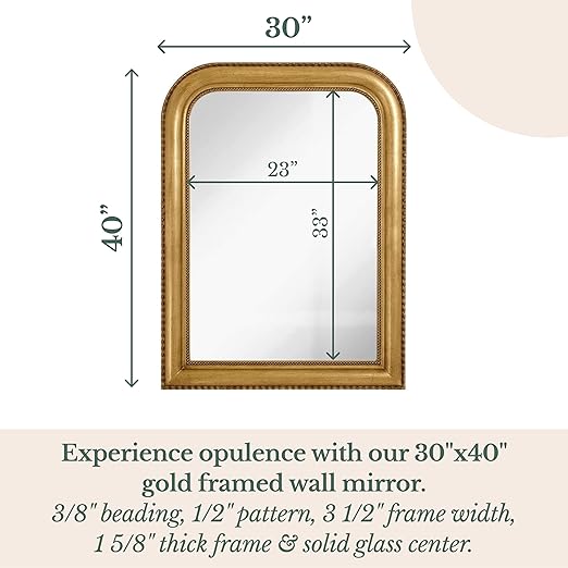 Hamilton Hills 40" x 30" Classic Gold Mirror - Rich Framed Top Round Corner- Thick Arched Top Rich Wall Mirror - Vanity for Bathroom Decor, Bedroom, Living Room - Hangs Horizontal or Vertical