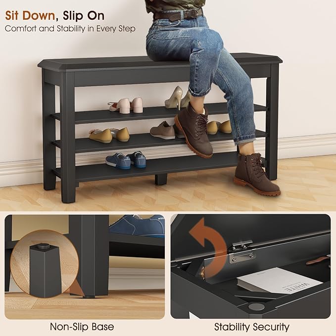 Shoe Rack Bench Seat Rubberwood 3-Tier Wooden Storage Bench 550lbs Compact Mid-Century Modern Design for Entryway, Hallway, Closet, Front Door Entrance, Foyer