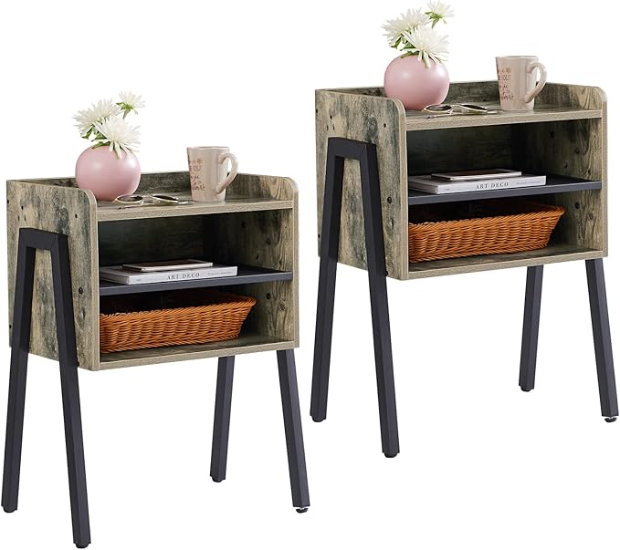 VECELO Nightstand Industrial Side End Table/Stackable Accent Furniture with 2-Tier Open Storage Compartments for Bedroom, Living Room and Small Spaces