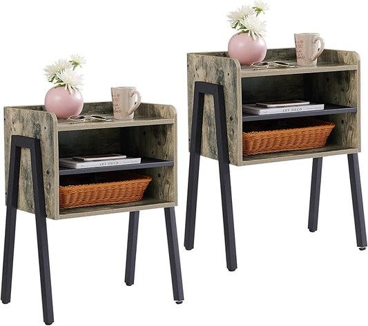 VECELO Nightstand Industrial Side End Table/Stackable Accent Furniture with 2-Tier Open Storage Compartments for Bedroom, Living Room and Small Spaces
