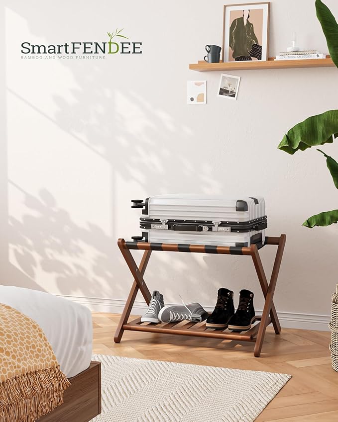 Fully Assembled Walnut Luggage Racks Set of 2, 5 Nylon Straps Folding Suitcase Stand, Bamboo Luggage Stands with Storage Shelf, Ideal for Guest Room, Bedroom, Hotel