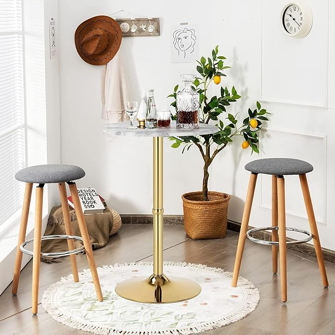 Gold Cocktail Tables Round Bar Table Height Adjustable 27.9''-35.4'' Pub Table with Metal Base Modern Style for Kitchen, Bar, Office & Dining Room Sturdy & Stylish