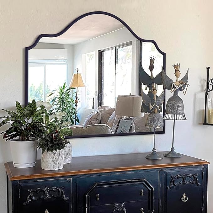 Chende Black Wall Mirror, Antique Arched Mirror for Fireplace Decor with Wooden Frame, 40'' x 28'' Elegant Scalloped Mirror for Living Room, Dining Room, Entryway