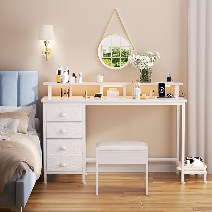 Furologee 47" White Computer Desk with 4 Fabric Drawers & Monitor Stand, Gaming Desk with Power Outlets - LED Lights, Home Office Space-Saving Study Table for Bedroom Small Spaces