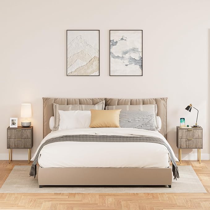 Nightstand,Small Bedside Table with Gold Frame,Morden Night Stand with 2 Drawer,End Table,Side Table with Drawer and Shelf for Bedroom,Living Room (Grey-2Drawer)