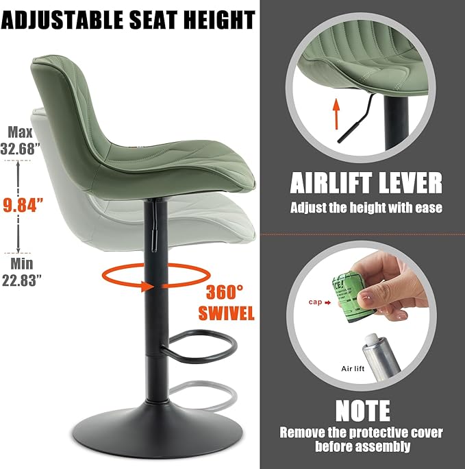 YOUNIKE Bar Stools Set of 2 Modern Swivel Counter Height Bar Chair with Back Adjustable Kitchen Island Faux Leather Padded Barstool Olive Green taburetes de bar Breakfast sillas para barra de cocina