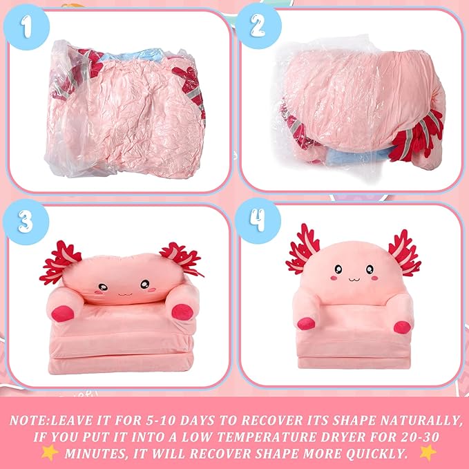 Axolotl Kids Couch Fold out 2-in-1 Toddler Sofa Fold out with Blanket, Soft Toddler Chair Comfy for Boy Girl Baby, Convertible Sofa to Lounger for Napping Reading Playing Christmas, Light Pink